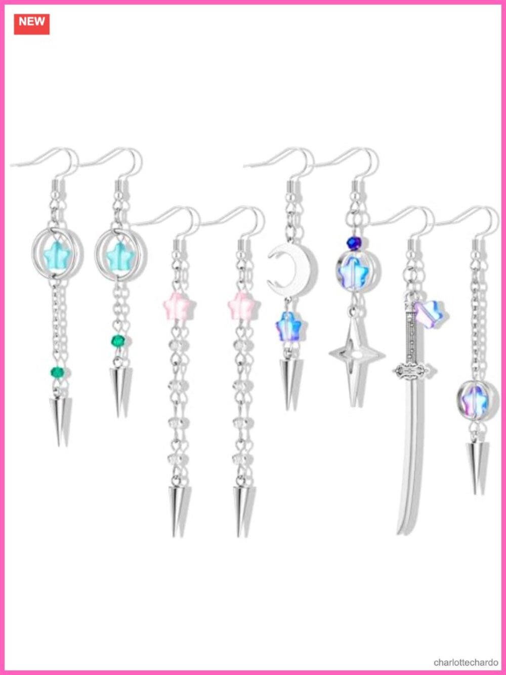 Kpop Dangle Earrings Set 4 Pairs Stainless Steel Punk Y2K Spike Star Dagger Moon
